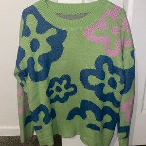 SHEIN Green Sweater with Blue and Pink Floral Design